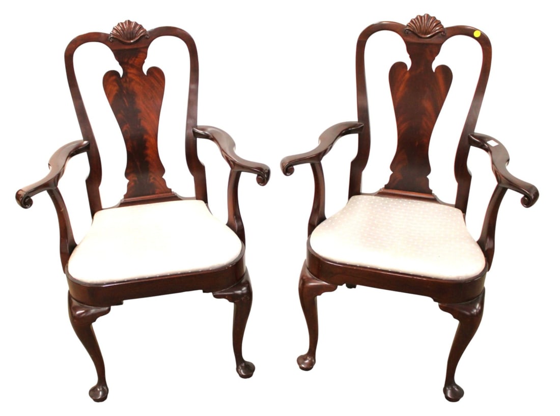 Pr Vtg Kittinger QA upholstered arm chairs: Nice pair of vintage Kittinger burl mahogany shell carved queen anne upholstered arm chairs, original finish, structurally sound and in good condition, upholstery looks good. 41"h x 28"w x 19"d seat h