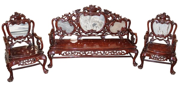 Vtg Asian 3pc highly carved mahogany parlor set