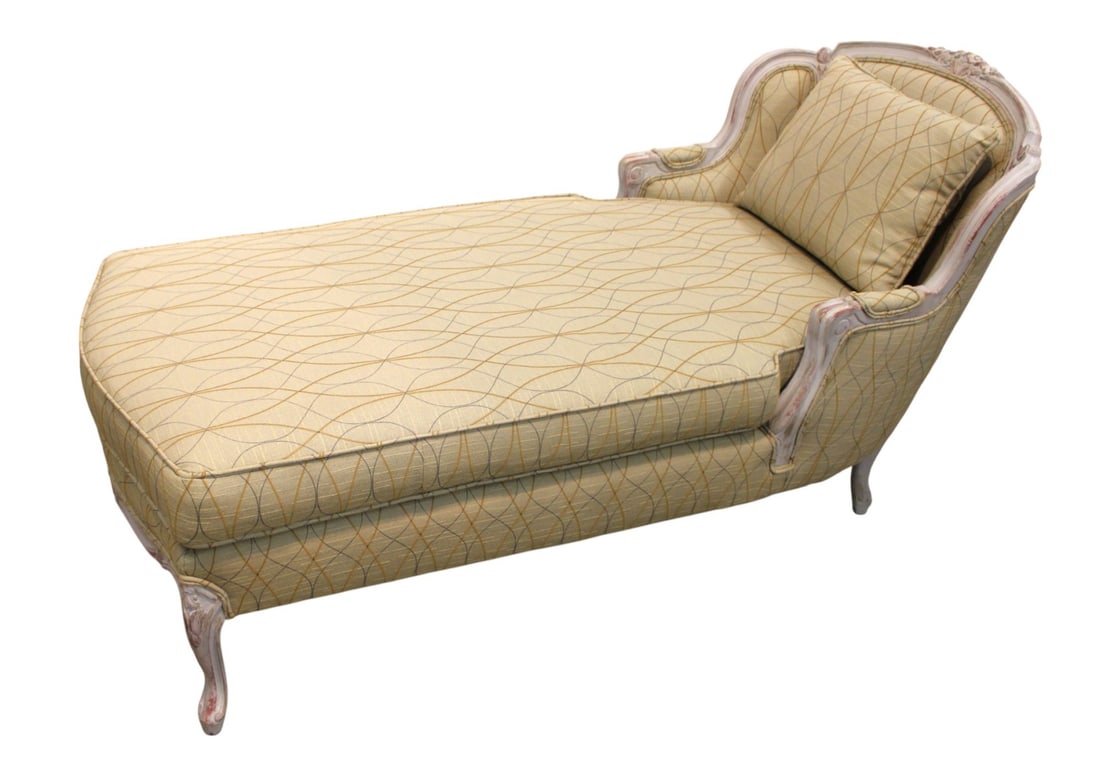 Restoration Hardware style french chaise: Quality french style upholstered chaise attributed to Restoration Hardware, distressed soft gray paint, nice modern design upholstery, structurally sound and in good condition. 32"h x 60"l x 27"w seat