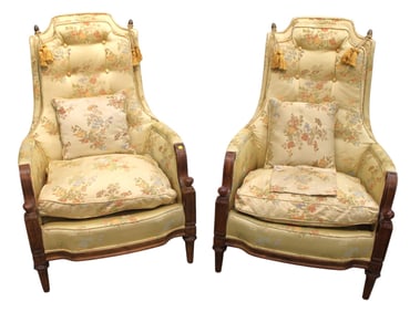 Pr. Vtg. down cushion tufted fireside chairs