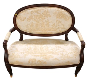 Antique style mahog. frame uphol. settee