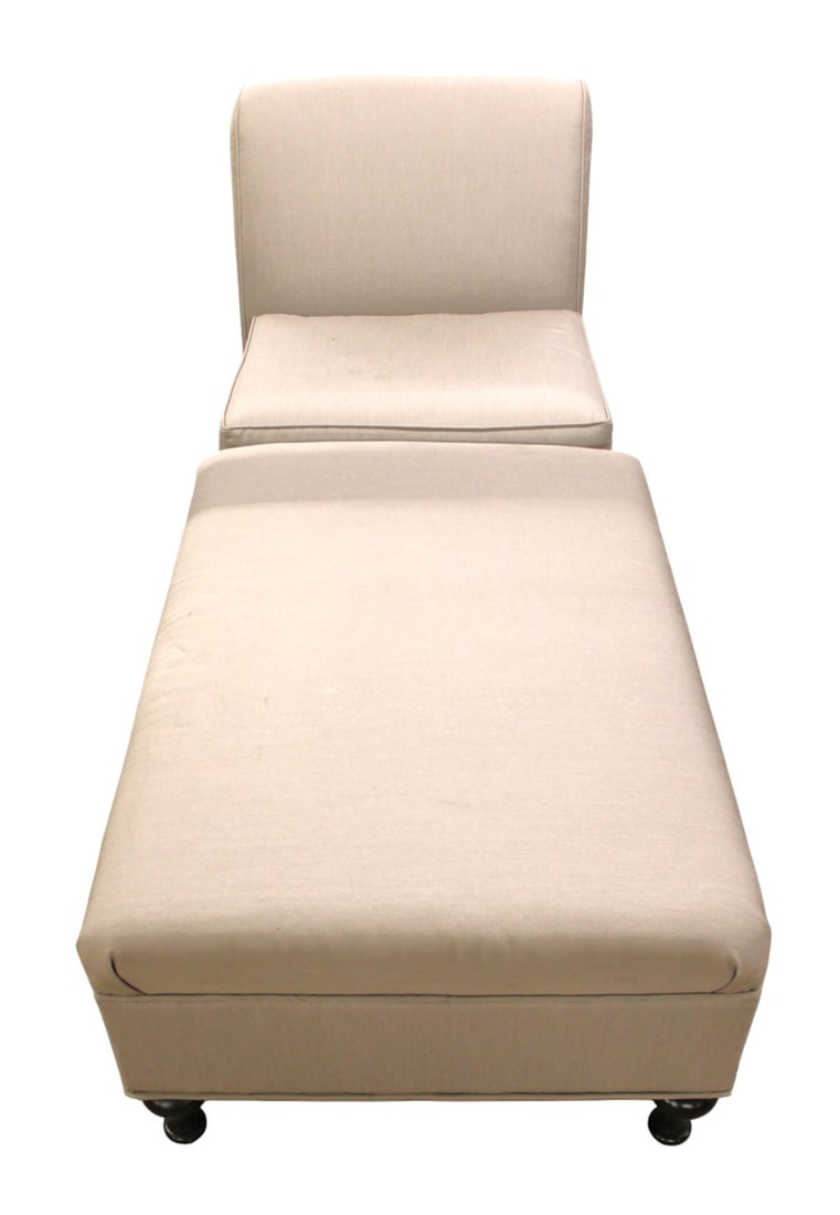 2pc uphol armless chair with over size ottoman: Contemporary modern design 2 piece upholstered armless chair with over size ottoman or chaise lounge, structurally sound with some staining on upholstery. Chair 33"h x 27"w x 30"d seat height 19". Ott