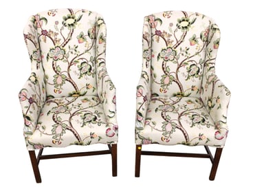 Pair of burl upholstered high back fireside chairs