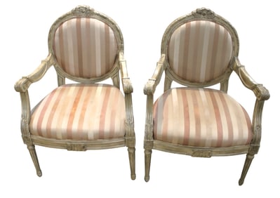 Pair French medallion back uphol. arm chairs