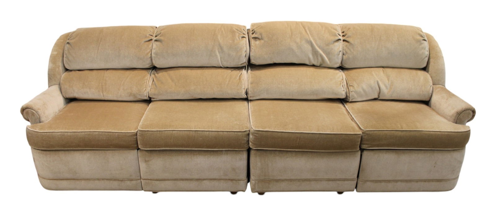 Vtg EA Trad. Classics 2 part sofa with recliners: Vintage Ethan Allen Traditional Classics 2 part sofa with recliners, upholstered ribbed velour, structurally sound and in good condition, no rips or tears. Each section 32"h x 51"l x 36"d seat height