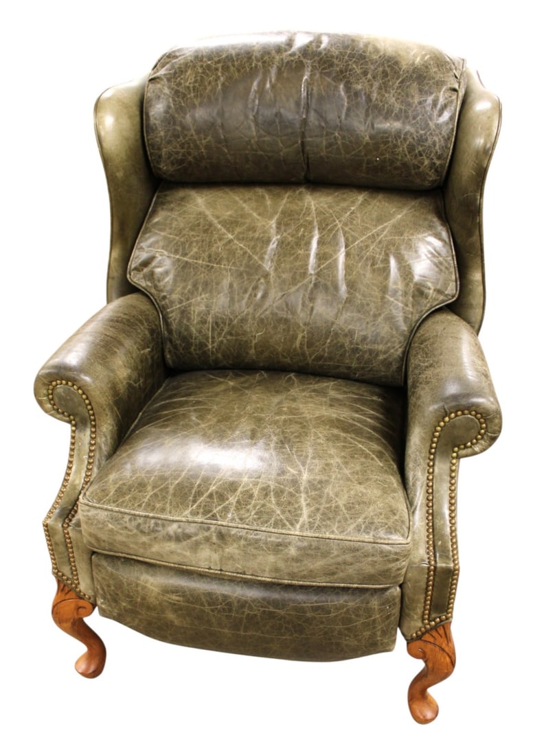 Hancock and Moore green leather recliner: Hancock and Moore leather recliner in the distressed green, structurally sound, works as should. 42"h x 32"w x 32"d seat height of 21"