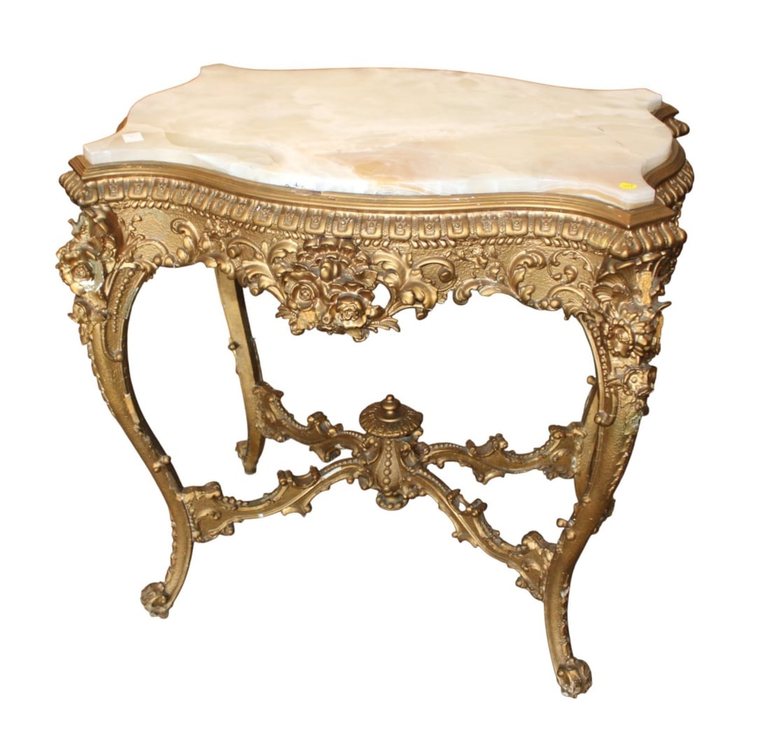 Ant. carved and ornate onyx parlor table (1 of 8)