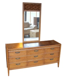 MCM Broyhill 9 drawer walnut chest and mirror