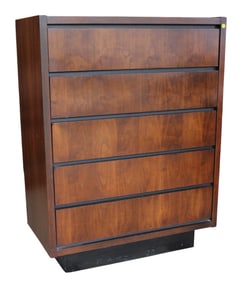 MCM Lane walnut 5 drawer high chest