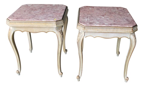 Pr vtg Italian pink marble ptd frame side tables