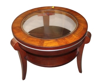 Burl walnut round glass top side table
