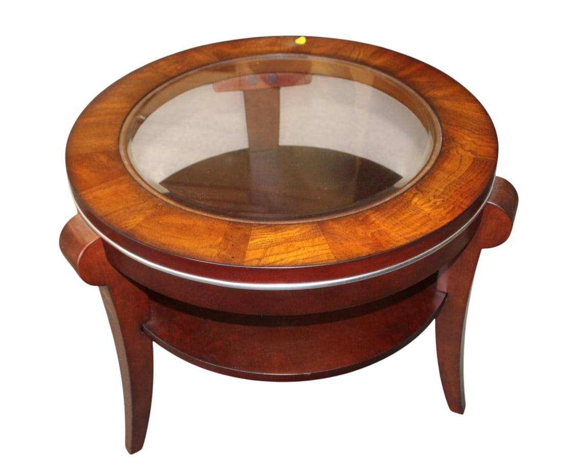 Burl walnut round glass top side table (1 of 3)