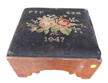 Antique needle point empire stool, dated 1947