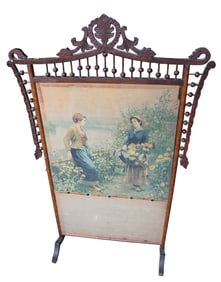 Antique oak stick and ball fire screen