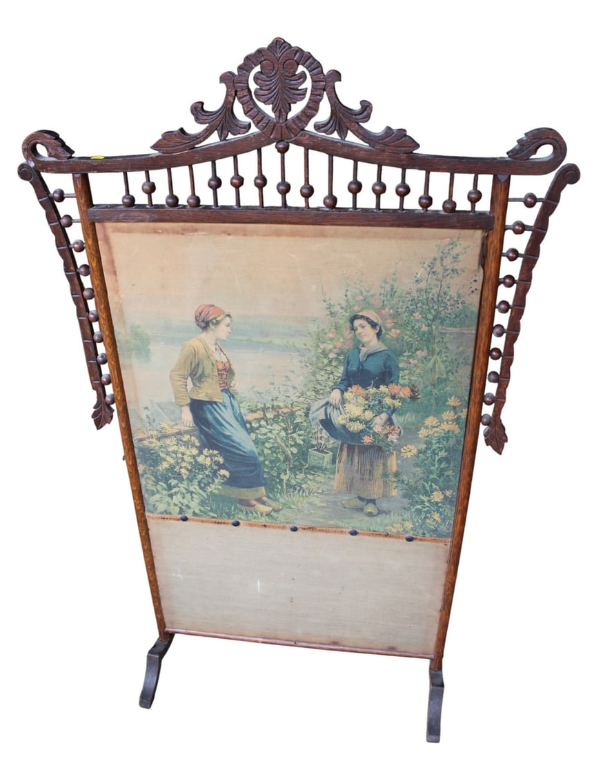 Antique oak stick and ball fire screen (1 of 4)
