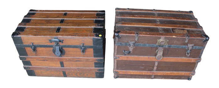 2 antique oak strapped trunks, one has insert