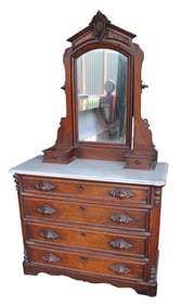 Ant. walnut Vict. marble top dresser and mirror