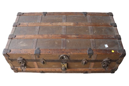 Antique oak strapped steamer trunk