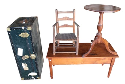 Antique tables, child's chair, steamer trunk