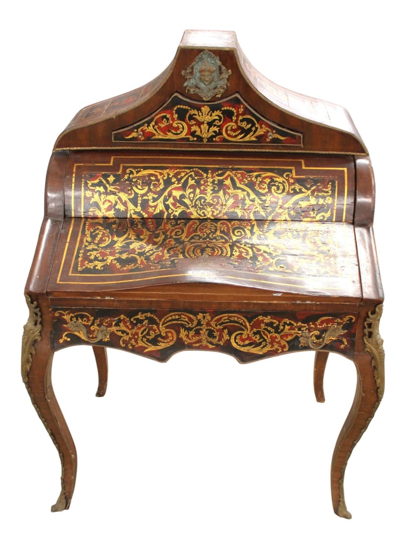 Semi ant. Fr. Secretary, bronze accents, boulle: Semi antique french secretary with bronze accents and boulle style transfers, structurally sound, all original found condition but does show age and has some finish loss, works as should, needs tlc. 4