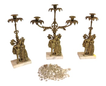 Ant. 3pc girandole candelabra set, bronze marble prismed