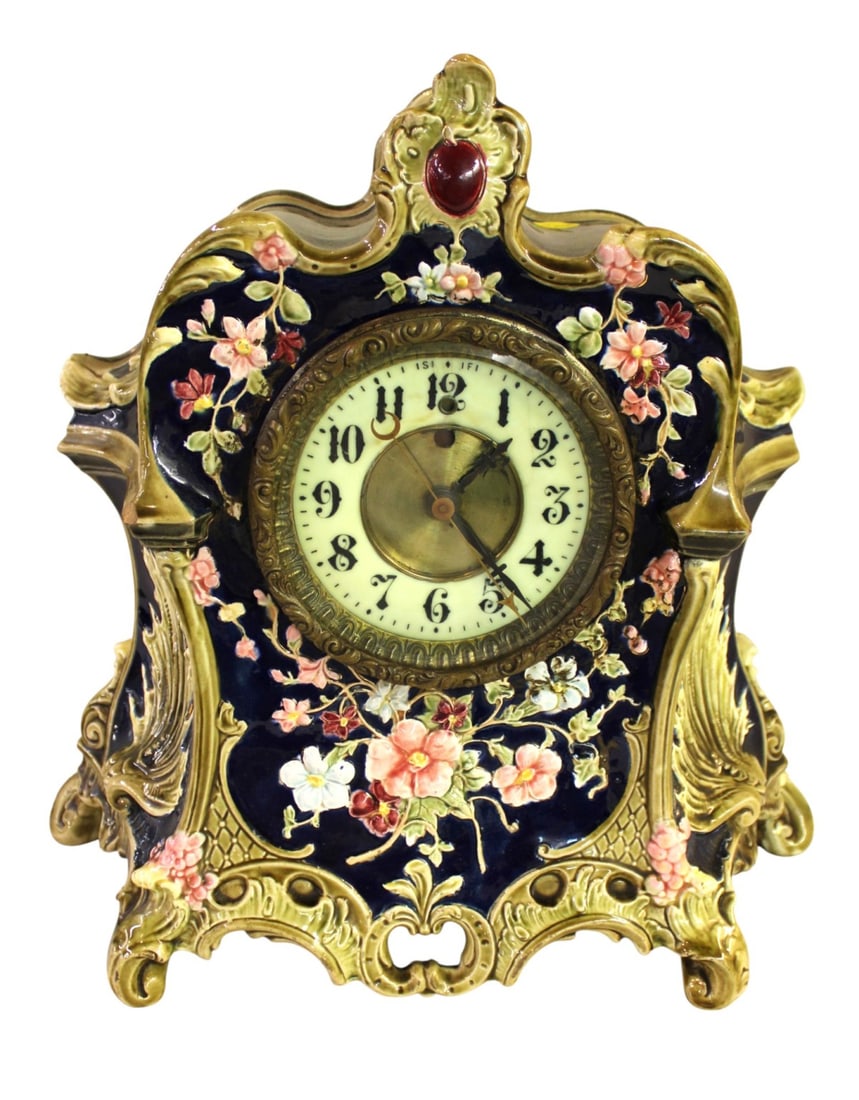 Antique porcelain clock believed Royal Bonn: Antique porcelain clock believed to be Royal Bonn, key, nice case, cord is cut, electric works, structurally sound. 14"h x 14"w x 6"d