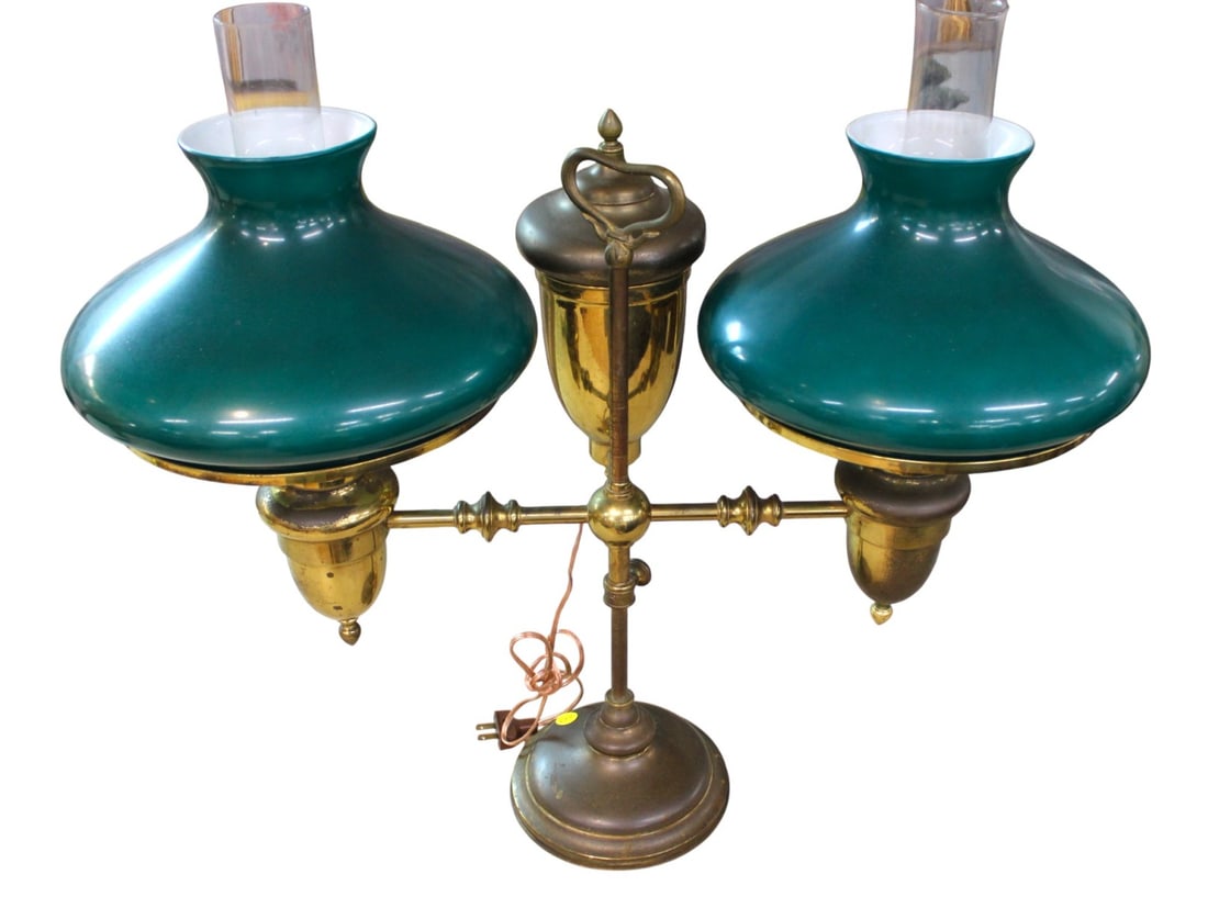 Semi ant. brass double green student lamp (1 of 3)