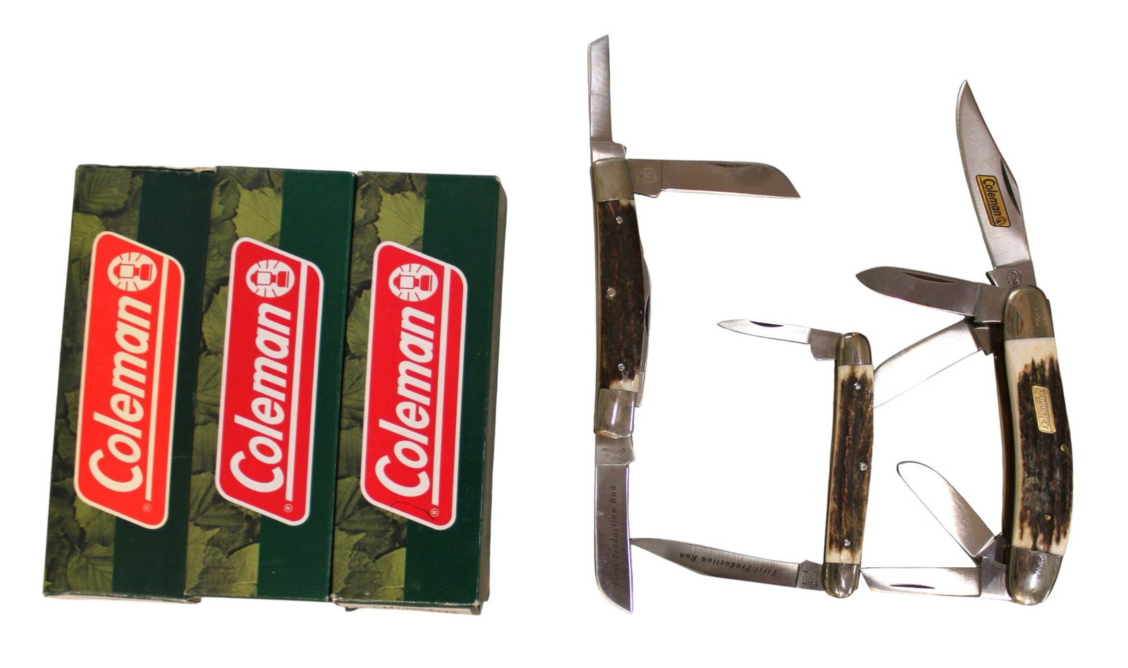3 Coleman assorted knives with boxes: 3 Coleman assorted knives with boxes