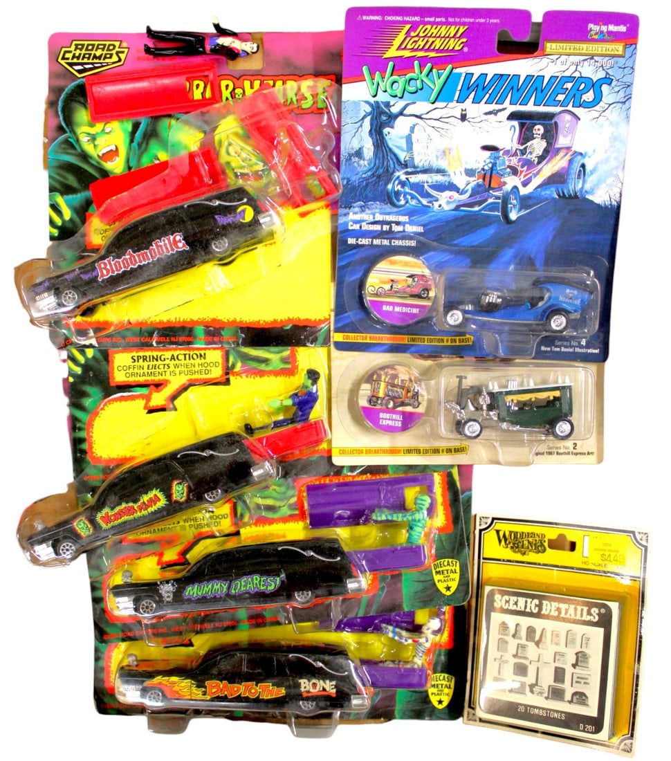 7 Vintage Toys - some unopened: 7 Vintage Toys: 4 Road Champs Horror Hearse, 2 Johnny Lightening, Woodland Scenic Tombstones in boxes, some boxes are open