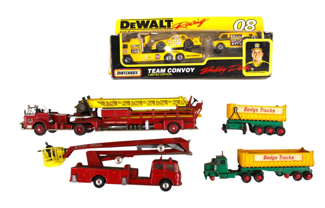 Vtg toys Matchbox, Major Toys and other: 5 pieces Vintage, Major Toys, Corgi, 2 firetrucks, Dewalt racing matchbox, matchbox dump truck and trailer as is