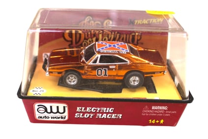 Auto World Dukes of Hazzard slot car in display case