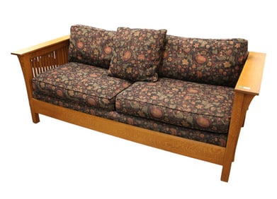 Quality Stickley mission oak slatted even arm sofa