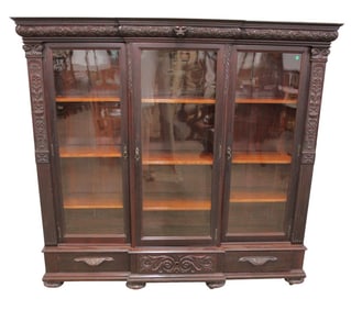 Antique RJ Horner style wavy glass carved bookcase
