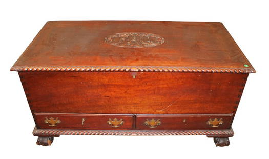 Felton Kreis attrib. antique cedar chest dated 1916: Quality dated 1916 antique solid mahogany 2 drawer paw foot lift top cedar lined chest attributed to Felton Kreis Furniture, dovetail construction, original finish, structurally sound, works as should