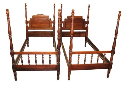 Pair antique walnut rose cared 4 poster twin beds