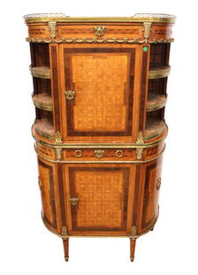 Fantastic 19th century antique French Louis XVI Paul Charles Sormani 2 part cabinet dry bar: Fantastic 19th century antique French Louis XVI style Paul Charles Sormani designed 2 part cabinet dry bar in mixed woods and inlaid with key, original marble top and shelves, bronze accent wrapped an