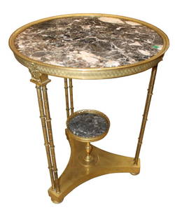 Antique Adam Weisweiler style Louis XVI Gueridon table: Important fine antique Louis XVI Gueridon table in the manner of Adam Weisweiler model, gilt bronze with black and pink marble, marble is good, simulated bamboo columns and bun feet, Gueridon after Ad