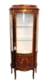 Vintage FR inlaid bow front crystal cabinet w/bronze, key