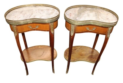 Pair Fr. kidney shape marble top stands w/bronze gallery