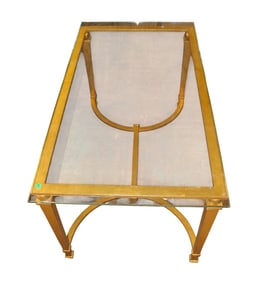 French glass top on gold decorator base cocktail table