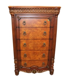 Contemp. burl walnut & mahog. 5 drawer high chest