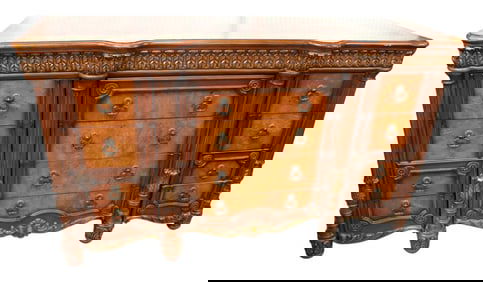Contemp. 12 drawer burl walnut & mahog low chest