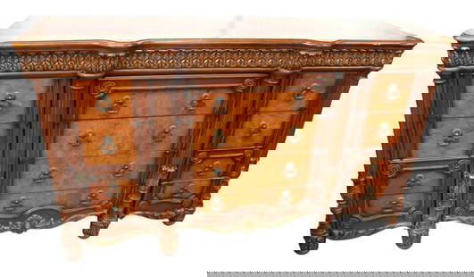 Contemp. 12 drawer burl walnut & mahog low chest: Contemporary 12 drawer burl walnut and mahogany carved low chest, structurally sound and in good condition, original finish with some slight wear on top. 41"h x 71.5"w x 22"d