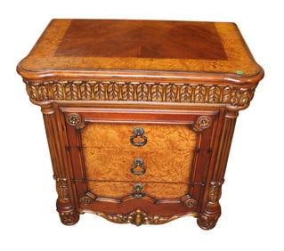 Contemporary burl walnut and mahogany nightstand