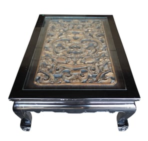Nice Chinese glass top black lacquer coffee table