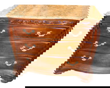 Bob Mackie Home Designs chipp. m/t bachelor's chest USA: Bob Mackie Home Designs chippendale style mahogany 3 drawer marble top bachelor's chest made in the USA, matches lot #164, structurally sound and in good condition, marble is good, original finish. 34