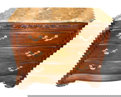 Bob Mackie Home Designs chipp. m/t bachelor's chest USA: Bob Mackie Home Designs chippendale style mahogany 3 drawer marble top bachelor's chest made in the USA, matches lot #163, structurally sound and in good condition, marble is good, original finish. 34