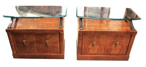 Pair vintage Henredon burl walnut glass top nightstands