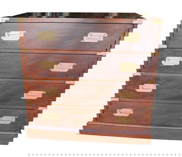 Mid Century Modern walnut campaign style chest: Mid Century Modern walnut 4 drawer campaign style chest, has been refinished over the years, structurally sound. 32"h x 32"w x 19"d