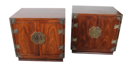 Pair MidC Asian inspired walnut 2 door lamp tables